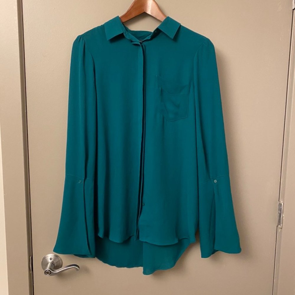 Green Button Down Shirt with Trumpet Sleeves